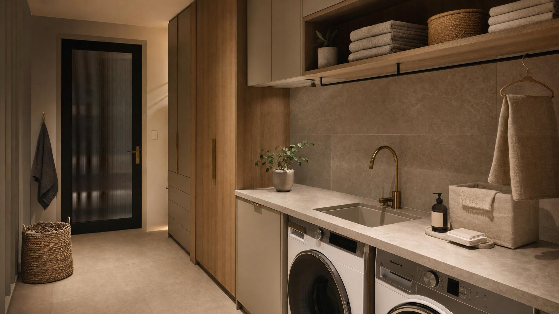 Modern renovated laundry with custom joinery and a stone benchtop — illustrative concept