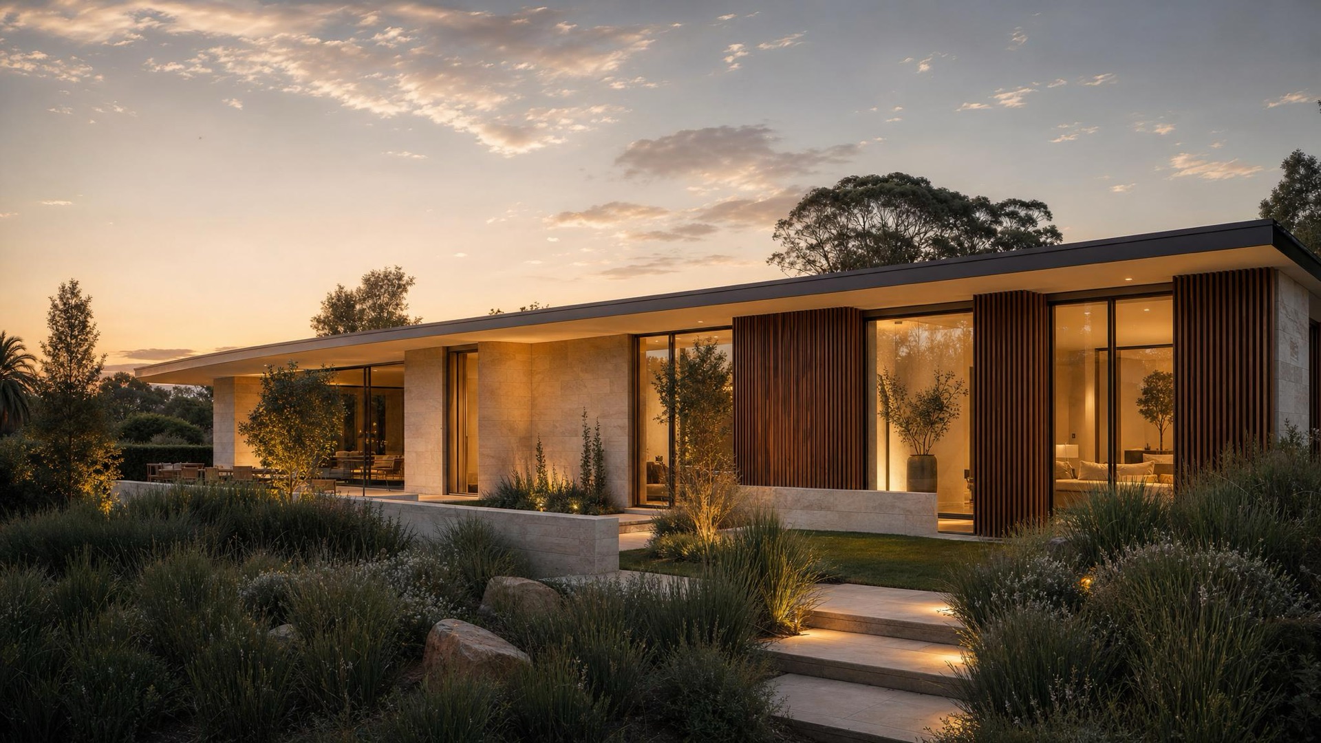 Architect-designed luxury Sydney home at golden-hour dusk — honed stone, spotted-gum timber and full-height glazing — illustrative concept