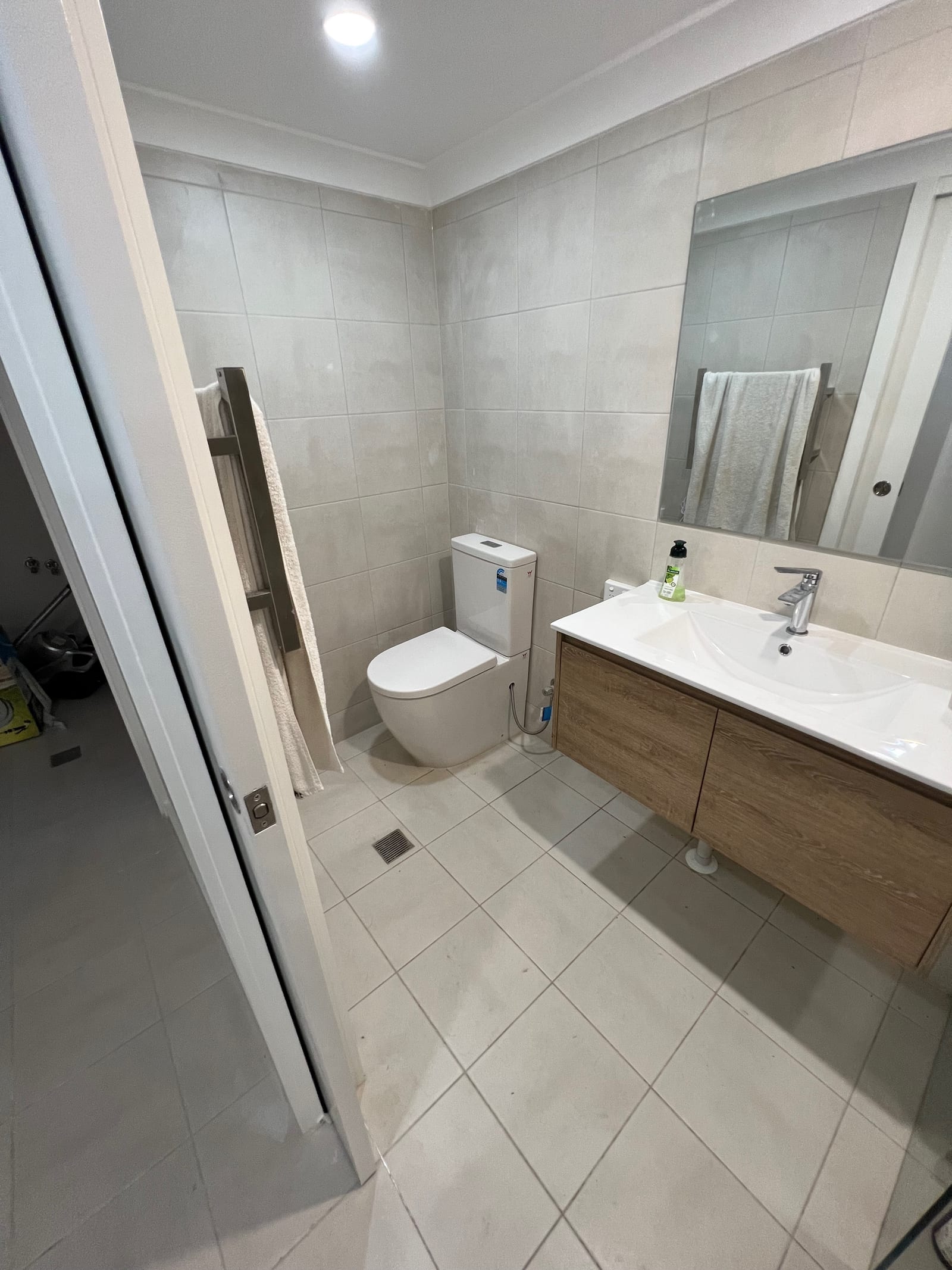 The new lower-ground bathroom — a toilet with a slim wall-mounted cistern, a floating timber-look vanity and a large mirror above