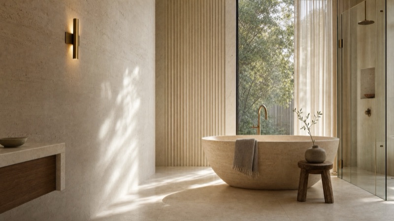 Concept render — styled, lived-in luxury bathroom