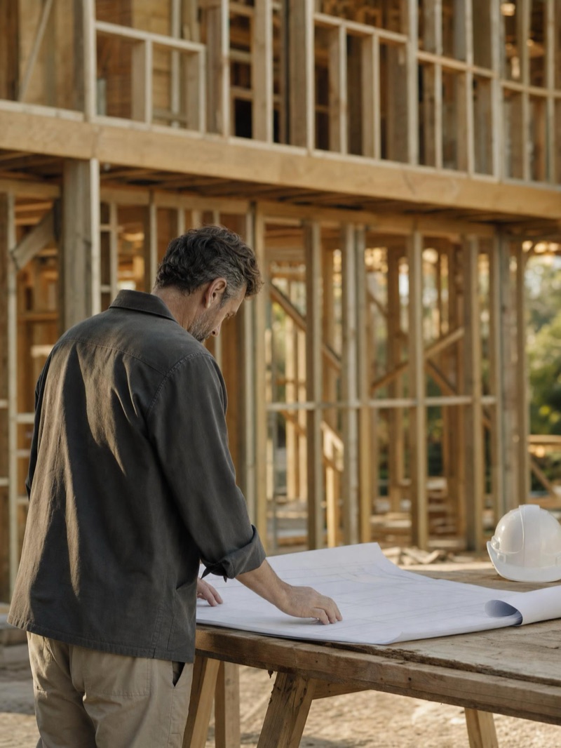 Site supervisor reviewing plans at a timber-framed home under construction — illustrative concept
